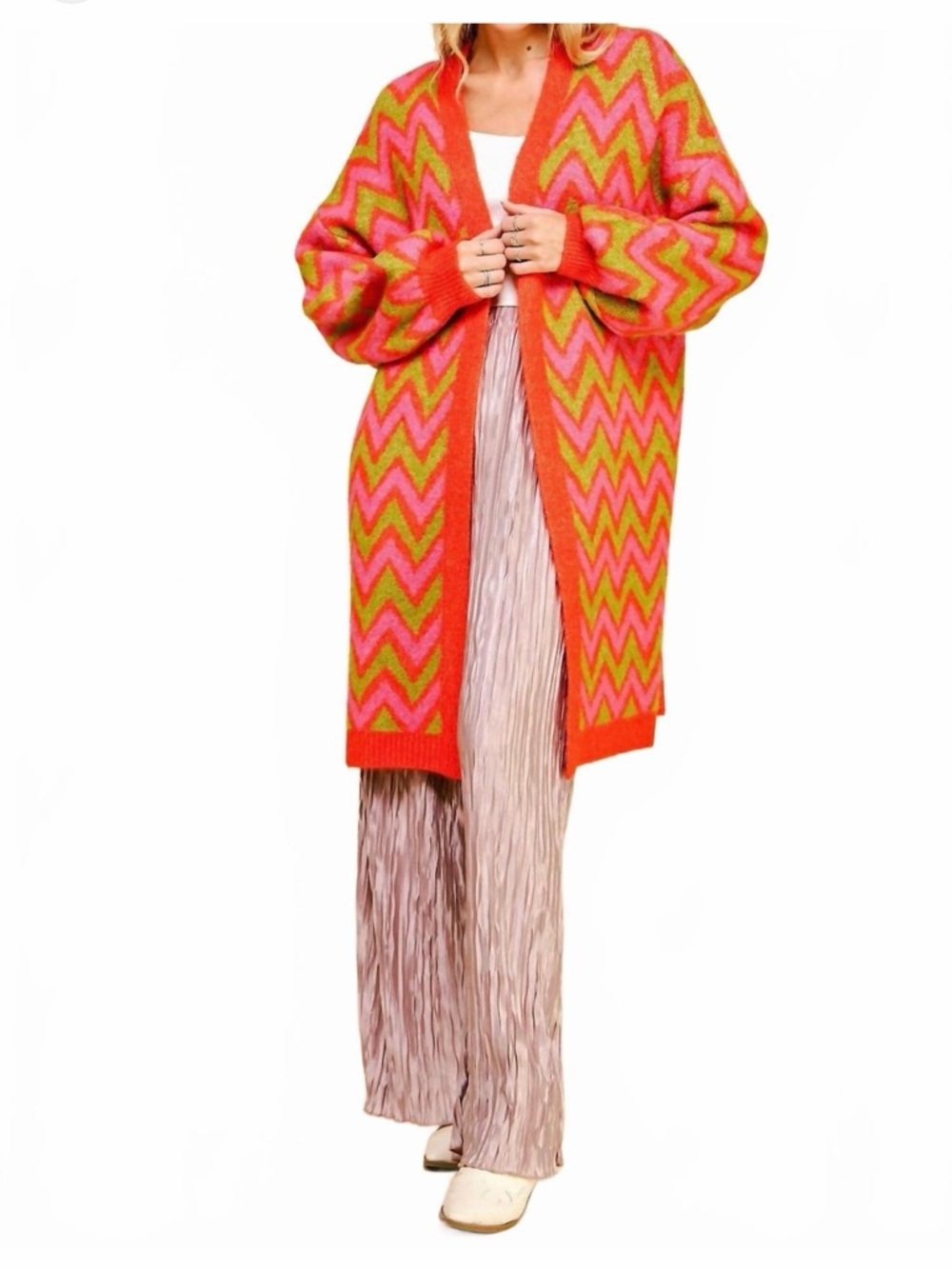 DAVI & DANI Neon Chevron Open-Front Cardigan - Pink, Orange, Lime